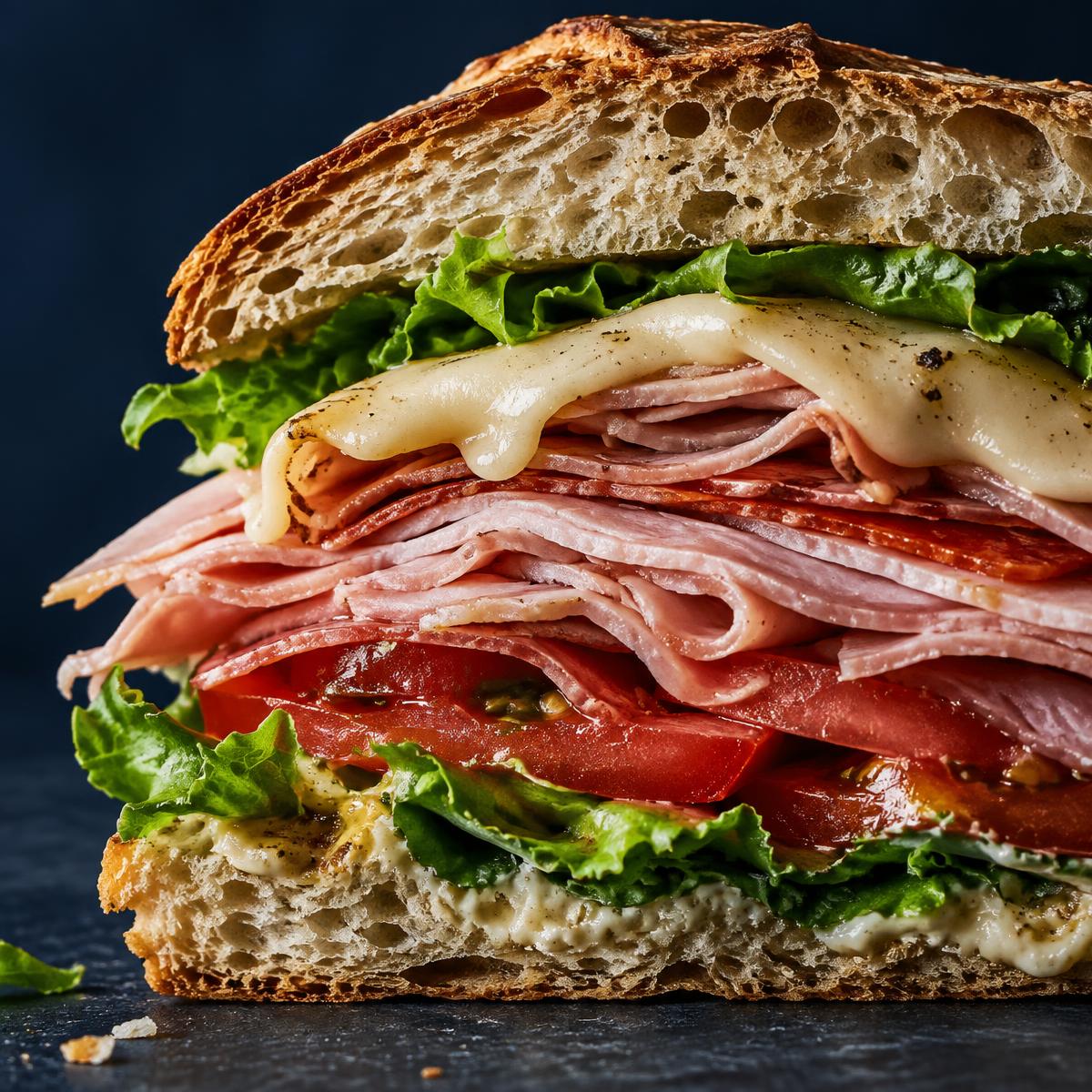Close-up of a fresh deli sandwich at 3rd Street Market Hall