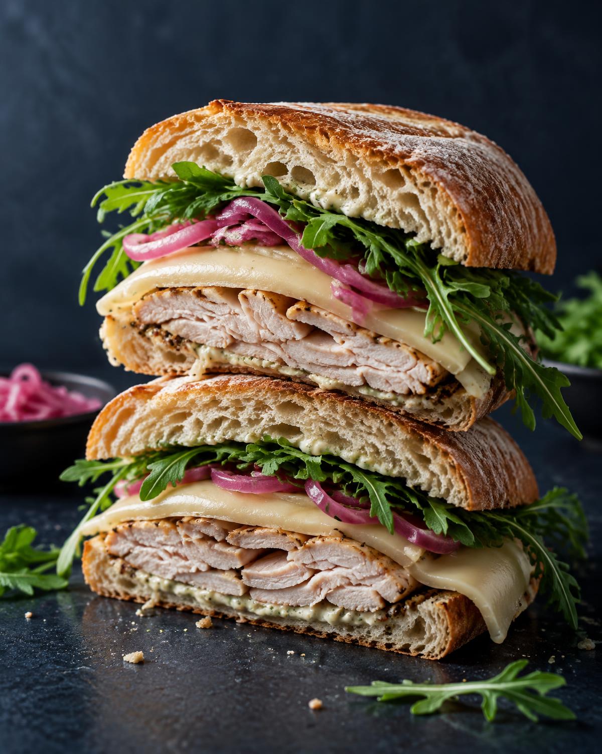 A stacked deli sandwich from Clutch, a Milwaukee deli, cut in half